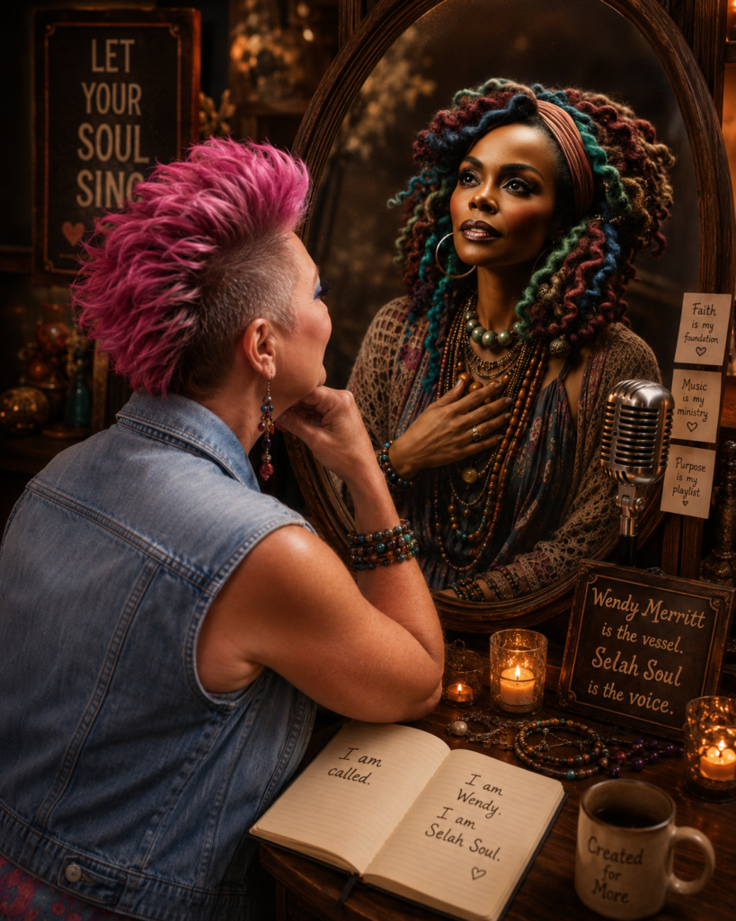Wendy with Selah Soul reflection in mirror